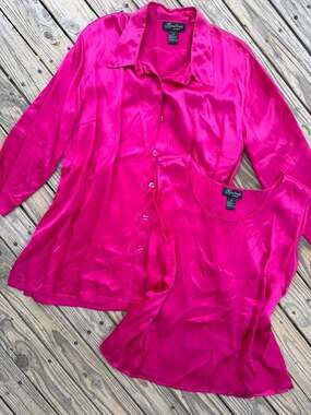 Karen Arnold Woman 2X Hot Pink 100% Silk Twin Set Blouse and Tank Top